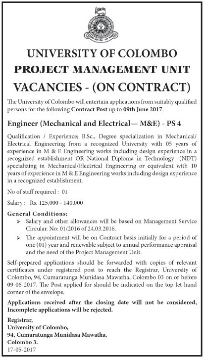 Engineer (Mechanical & Electrical) - University of Colombo